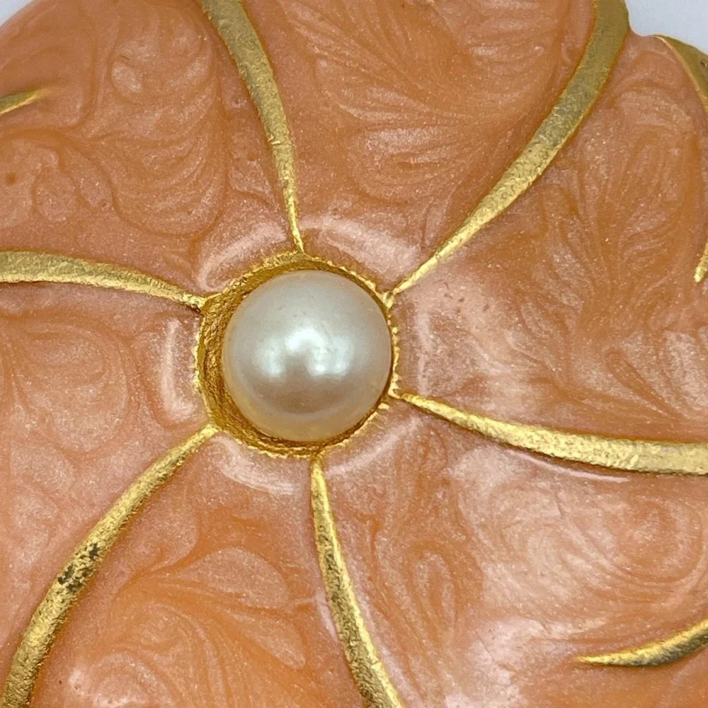 Vintage Gold Tone Peach Enamel Petal Floral Mother Of Pearl Bead Brooch Pin Boho